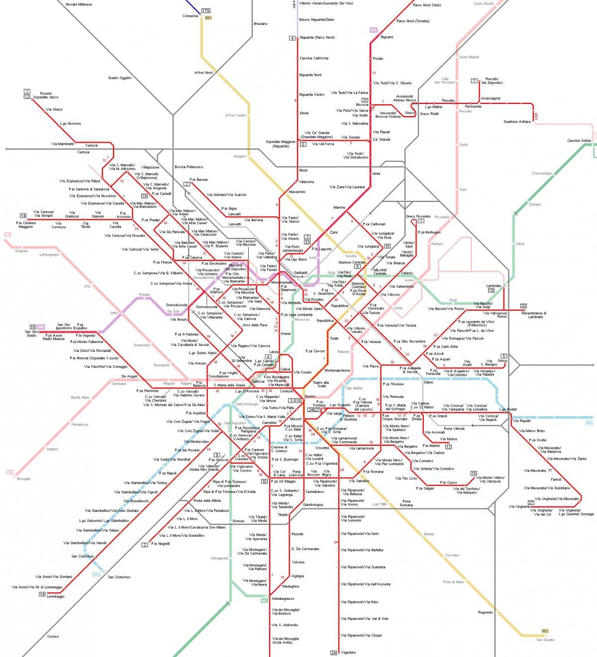 Plan des stations de tramway de Milan